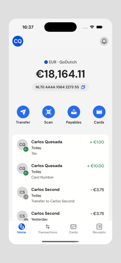 GoDutch Smart Business Account - Main dashboard of the GoDutch business account app showing current balance and transaction history