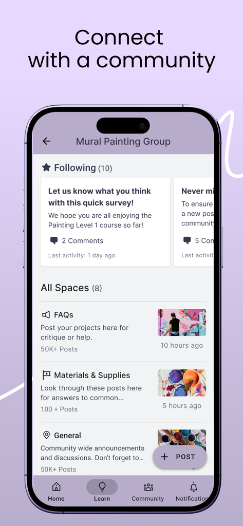 Thinkificアプリの画面。壁画グループのコミュニティと学習スペースが表示されている。