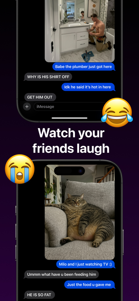 Two phone screens showing AI generated prank photos of a shirtless plumber and a fat cat shared in text messages to trick friends.