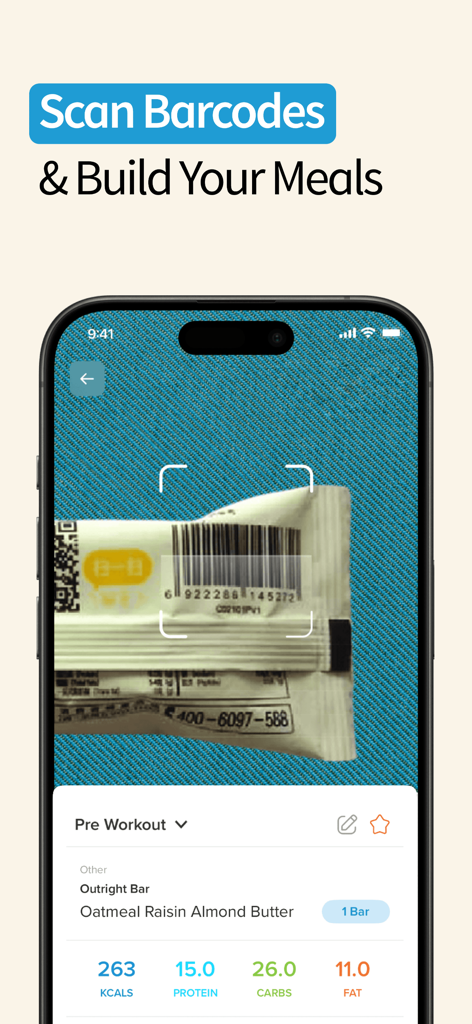 My Macros+ app interface showing a barcode scanner identifying a food item and displaying its protein, carbs, and fat content.