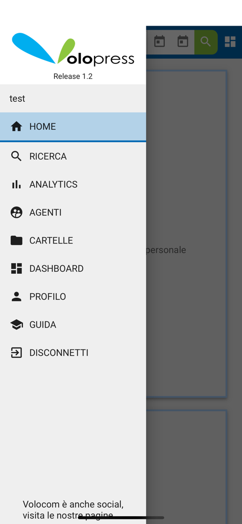 Menu laterale di navigazione dell'app mobile VoloPress con funzioni di monitoraggio professionale dei media