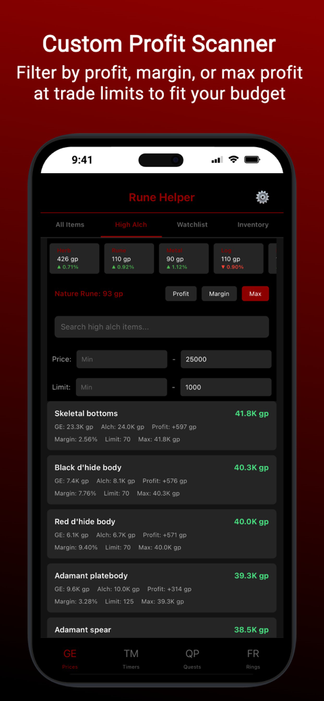 Rune Helper OSRS app interface showing high alchemy profit scanner with item lists and price details