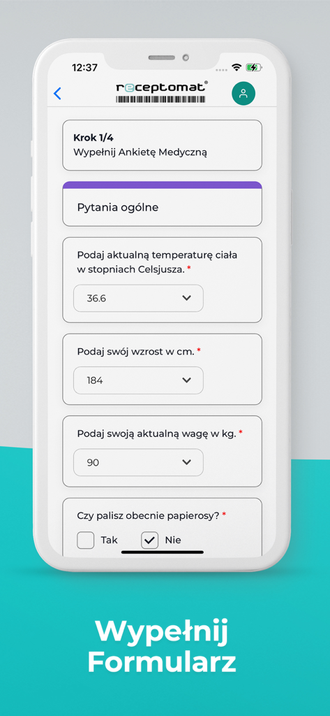 Écran mobile montrant la première étape d'un questionnaire médical dans l'application Receptomat avec des champs pour la température, la taille et le poids.