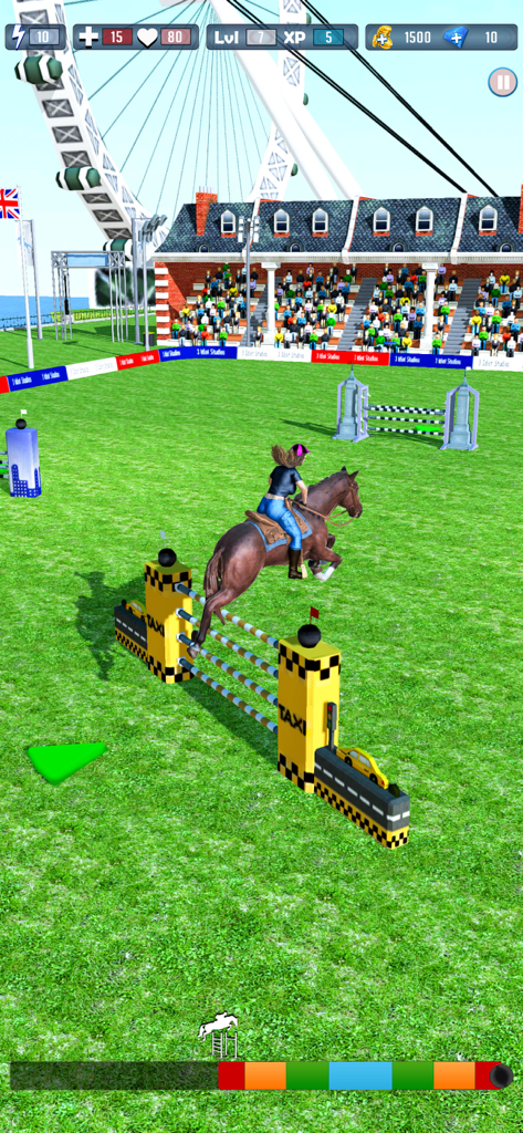 Wild Horse Riding: Horse Games - A horse jumping over a taxi-themed hurdle during a show jumping competition.