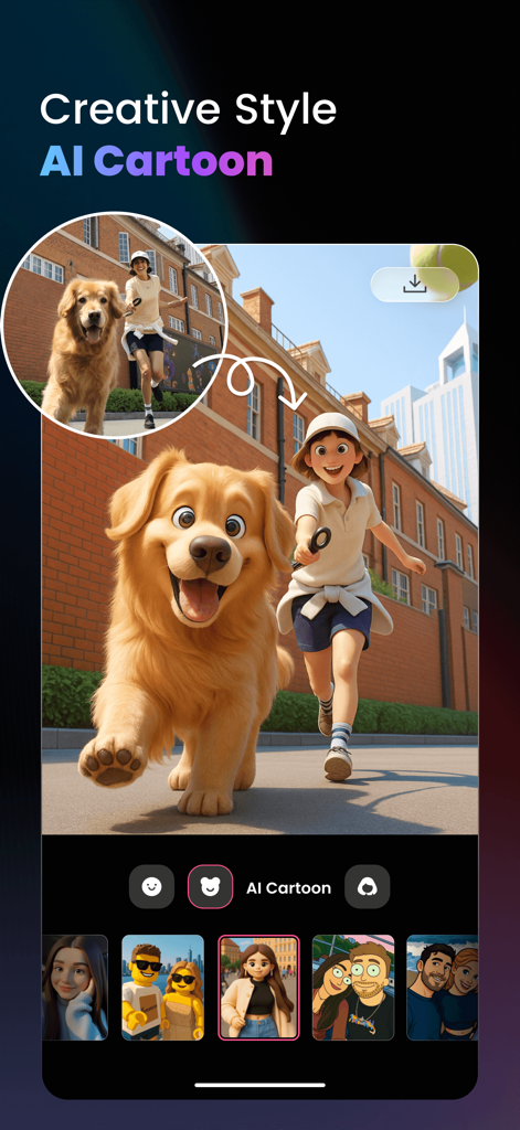 Pearla - AI Photo Generator - Pearla app screen showing a photo of a woman and her dog transformed into a 3D cartoon character style using AI.