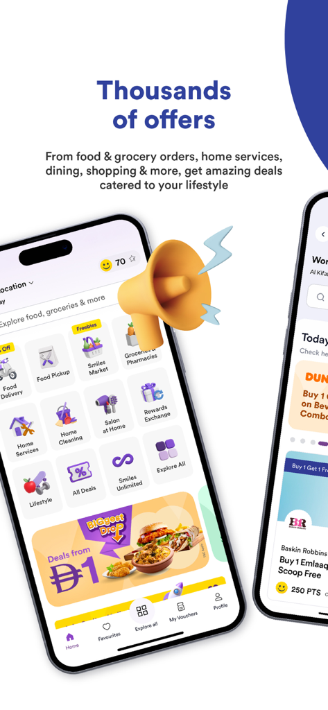 Smiles: Food Grocery Lifestyle - Interface of the Smiles app showing various services including food delivery, groceries, and home services with a banner for lifestyle deals.