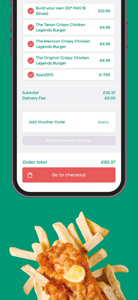 Big Johns - Big Johns mobile app checkout screen showing food items and order total with a discount applied