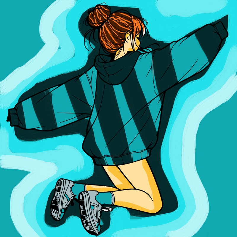 realistic girl jumping with a bun and oversized sweatshirt