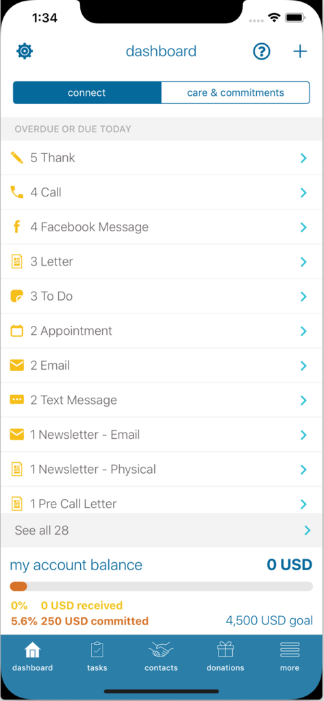 MPDX - Dashboard of the MPDX app showing a list of overdue tasks and fundraising goal progress