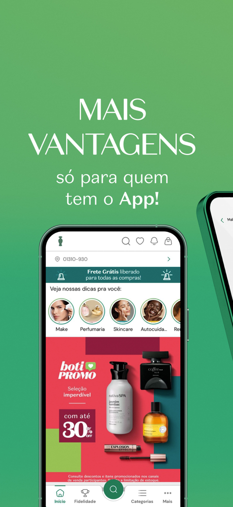 Interfaz de la app móvil O Boticario mostrando promociones de productos de belleza y descuentos exclusivos de la app