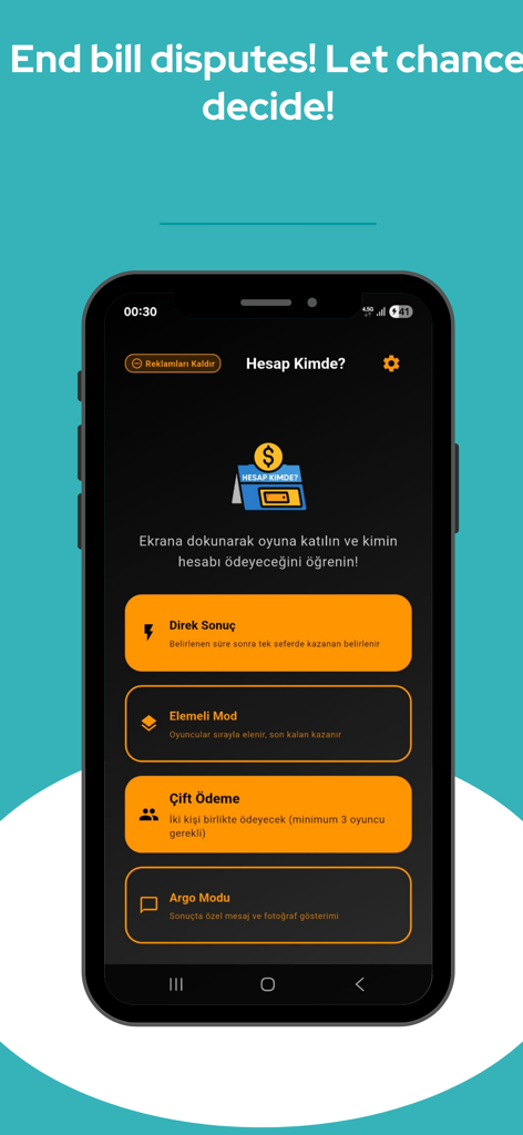 Who pays? - Finger Dice - Menu principal do aplicativo Who pays? Finger Dice mostrando diferentes modos de jogo para divisão de contas