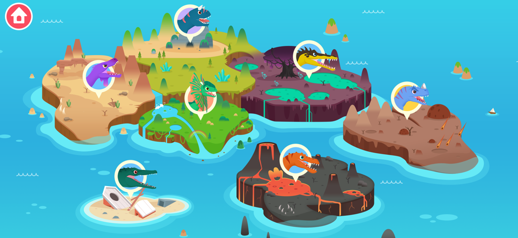 Dinosaur Games for kids 2-6 - Une carte interactive colorée du monde des dinosaures présentant différents biomes d'îles et niveaux pour enfants