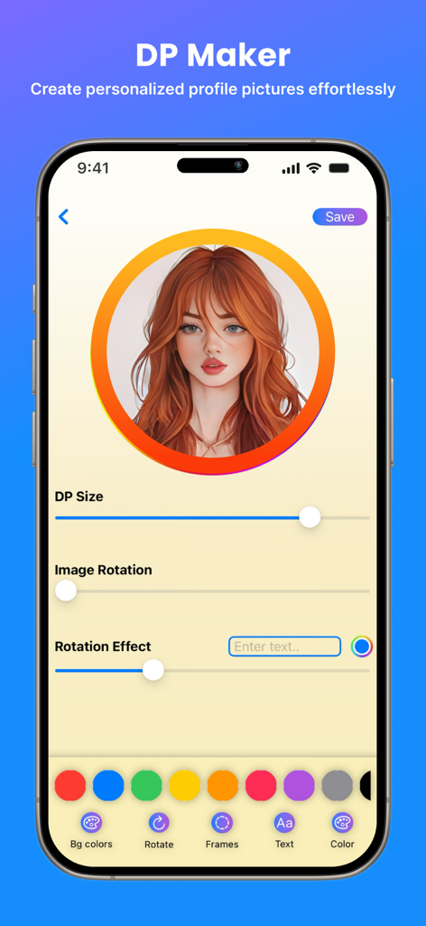 Lmc8.4 - Mobile interface of Lmc8.4 app showing profile picture editing tools with a cartoon avatar and gradient border