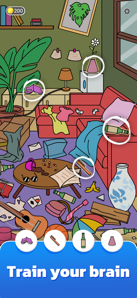 Find N Seek: Spy Hidden Object - Une capture d'écran du jeu Trouve-N-Cherche montrant un salon en désordre où les joueurs trouvent des objets cachés comme un peigne et une bouteille pour entraîner leur cerveau.