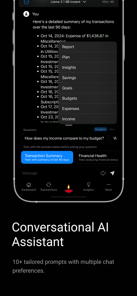 Amigo AI - Expense Tracker - Interfaccia dell'app Amigo AI expense tracker che mostra un assistente AI conversazionale con riepiloghi delle transazioni e suggerimenti per il budget finanziario.
