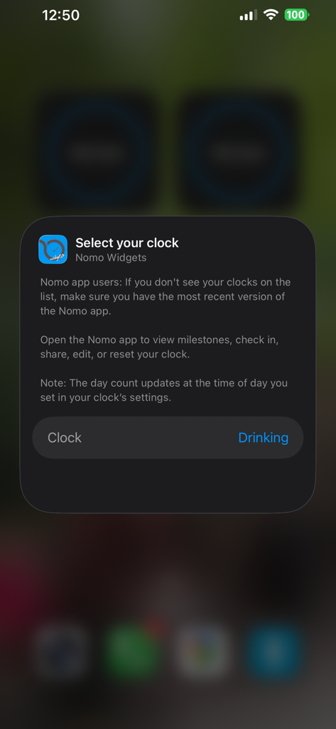 Nomo Widgets - A mobile screen showing the Nomo Widgets setup menu to select a sobriety clock to display on the home screen.