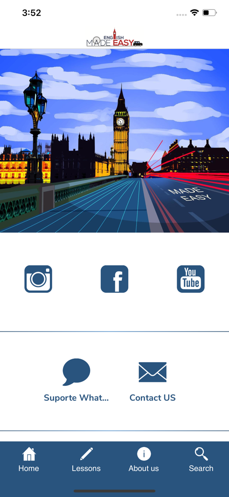 English Made Easy - The home screen interface of the English Made Easy app showing social media links and support contact options