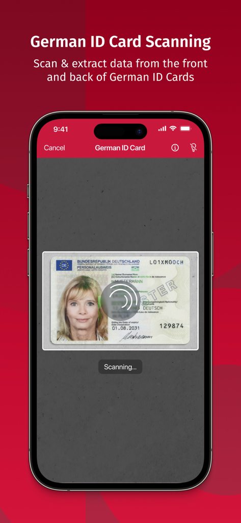 A smartphone screen demonstrating the German ID card scanning feature of the Scanbot SDK Data Capture app