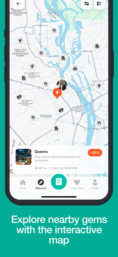 Tourist.com - Interactive map on the Tourist.com app showing nearby attractions and travel discounts