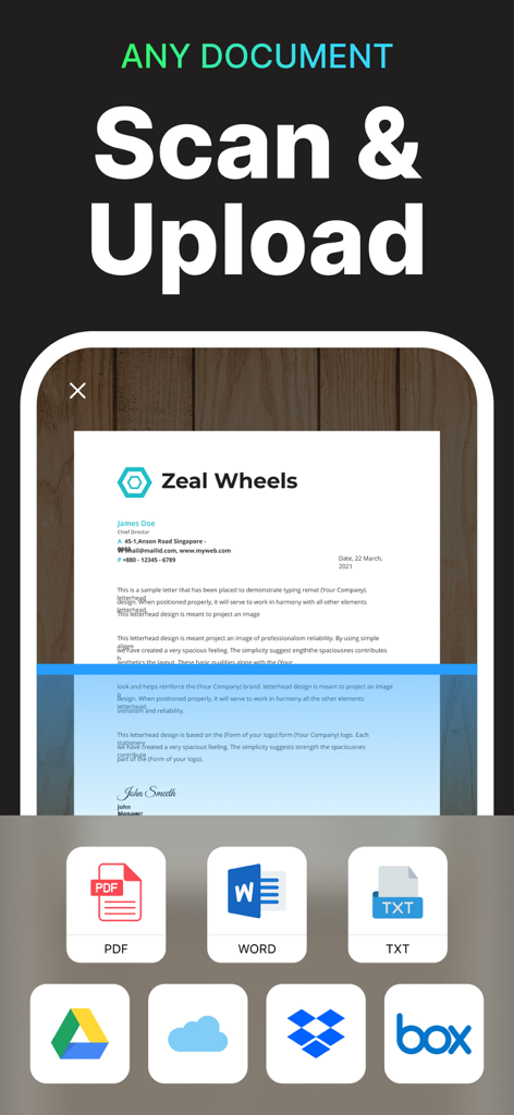 A mobile app interface demonstrating how to scan and upload documents like PDF or Word files for faxing.