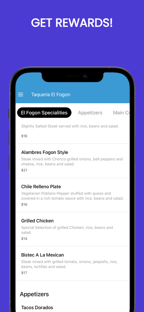 Taqueria El Fogon Online - Taqueria El Fogon Online mobile app menu displaying Mexican specialty dishes and rewards banner