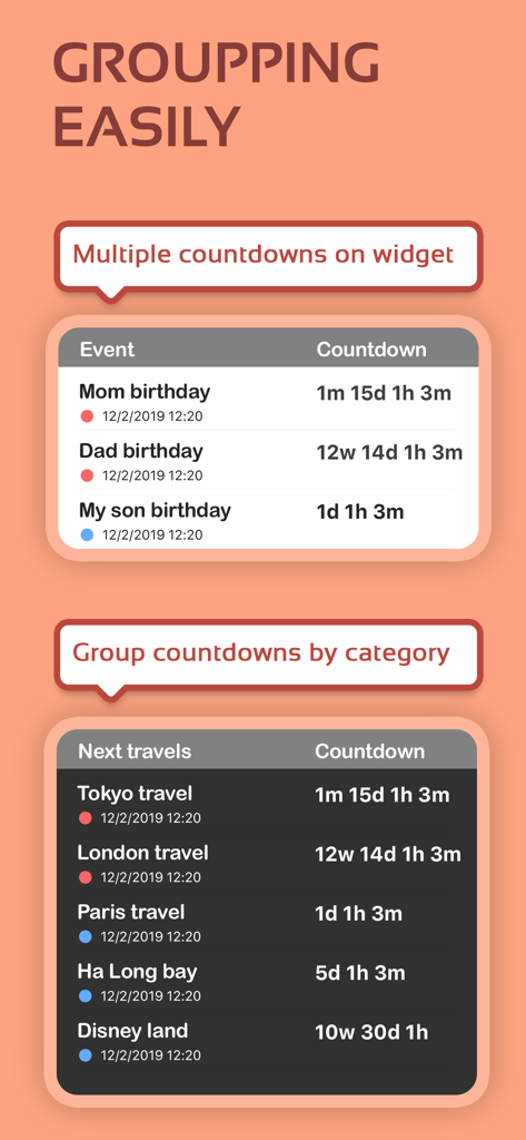 Countdown Widget Maker - Interfaz de la aplicación Creador de Widgets de Cuenta Regresiva que muestra cómo agrupar múltiples cuentas regresivas en categorías como cumpleaños y viajes.