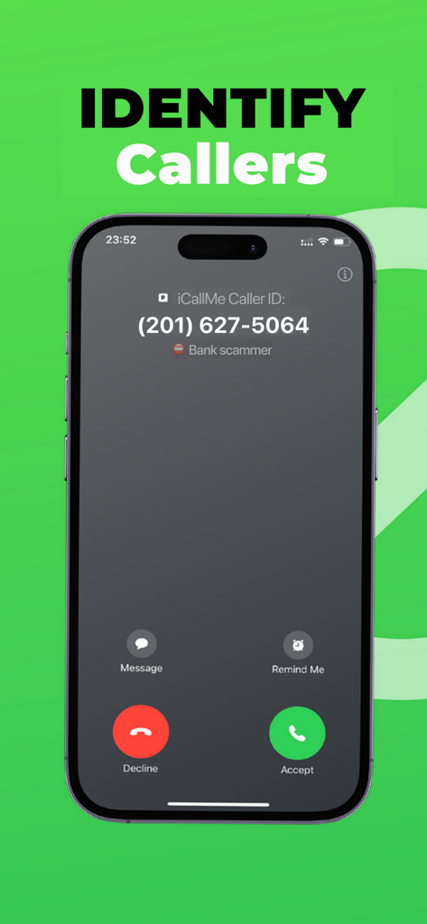 iPhone screen showing iCallme identifying an incoming call from a bank scammer