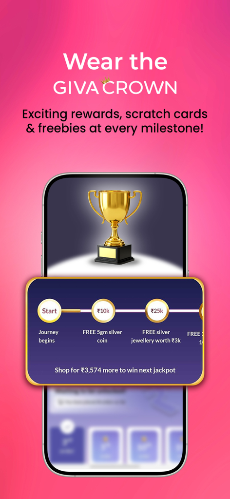 GIVA app loyalty program interface showing rewards and milestones for jewelry shoppers.