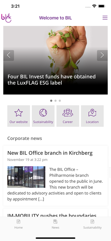 Blink by BIL - Blink by BIL app home screen featuring corporate news and navigation links
