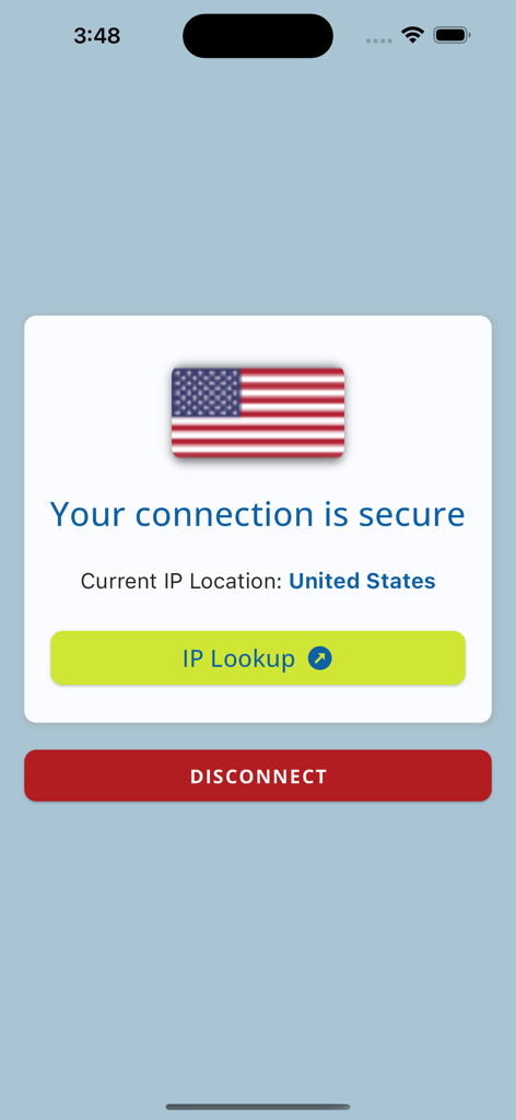 Hoxx VPN app screen showing a secure connection to a United States server