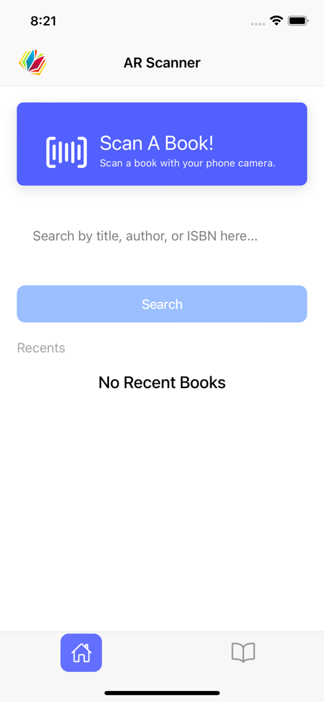 AR Book Scanner app interface with scan a book button and search bar for title author or ISBN