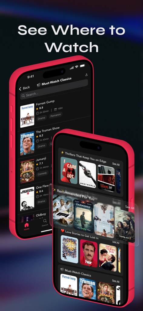 ClipFix: Movie Shazam - Interface of ClipFix app showing curated movie lists and recommendations for where to watch