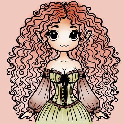 elf girl with really curly hair with a corset and dress