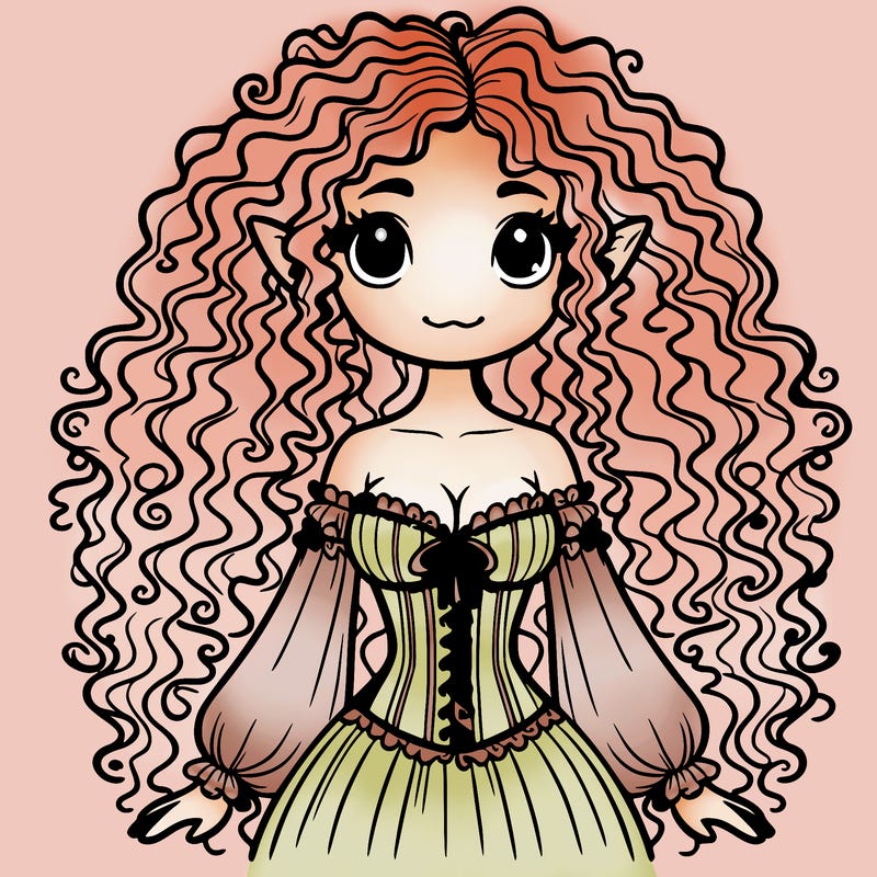 elf girl with really curly hair with a corset and dress