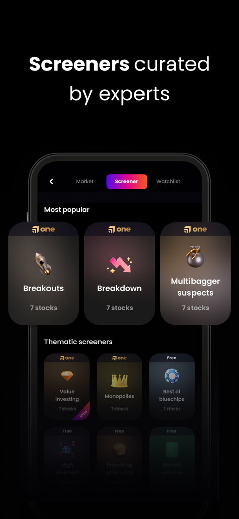 Oberfläche der Liquide App, die von Experten kuratierte Aktien-Screener für den indischen Markt zeigt, einschließlich Breakouts und potenziellen Multibaggern.