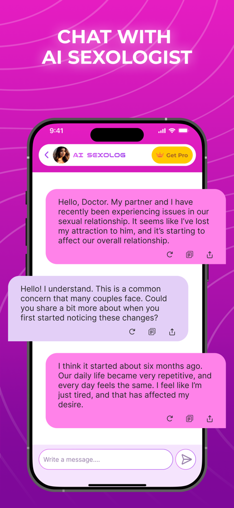 Vibrator: Feel Relax Massager - A smartphone displaying a chat interface with an AI sexologist within the Vibrator PulseWave massage app