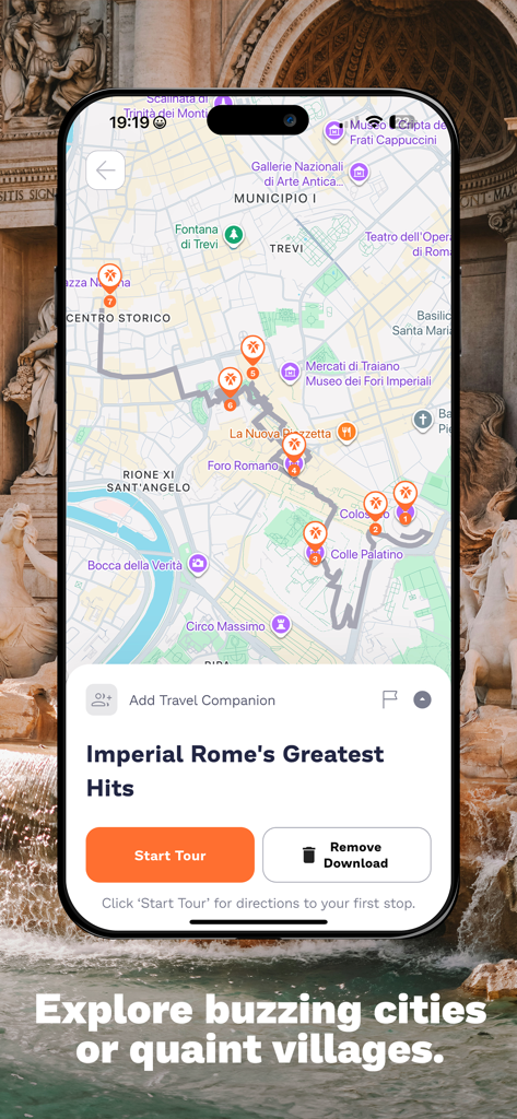 MyGuideGuru: Audio Tours - MyGuideGuru app interface showing a walking tour map of Rome with points of interest and a start tour button