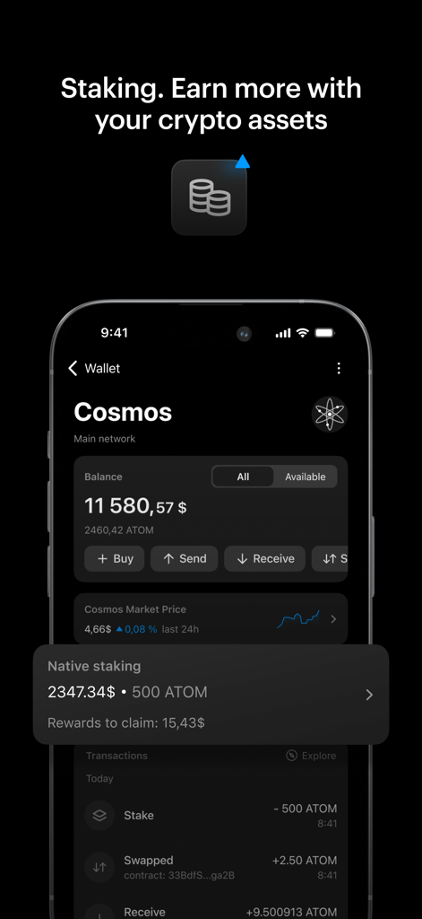 Tangem app screen showing Cosmos native staking rewards and crypto wallet balance