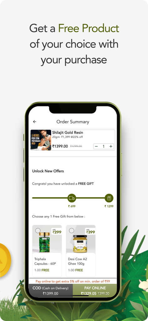 Kapiva - Kapiva mobile app screenshot showing the order summary screen with a free gift promotion for Ayurvedic wellness products.