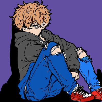 a male hoddie ripped jeans messy hair anime