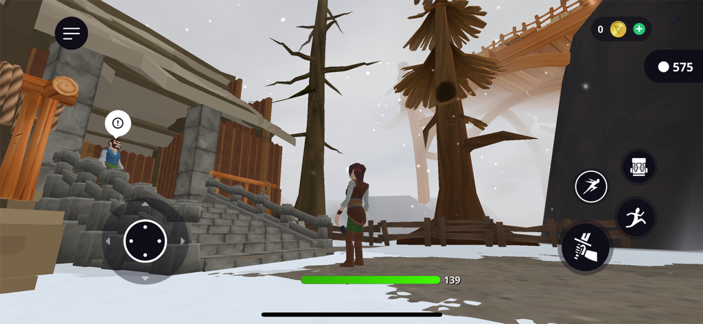 Struckd - 3D Game Creator - Gameplay of Struckd 3D Game Creator showing a character in a snowy village world.