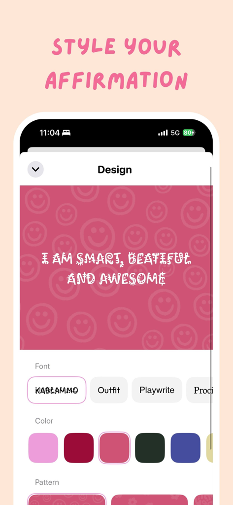 Manifest: Daily Vision Board - A screen in the Manifest app for styling personalized daily affirmations with font and color choices