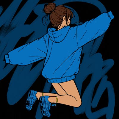 realistic girl jumping with a bun and oversized sweatshirt