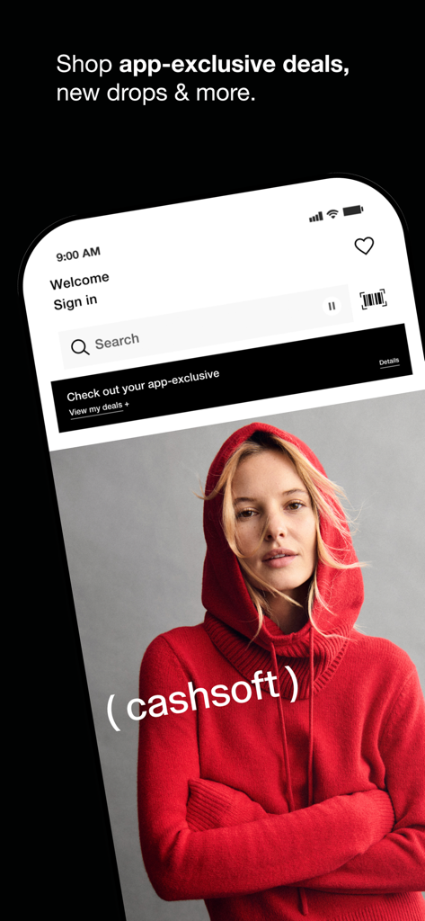 Pantalla de la app móvil de Gap que muestra ofertas exclusivas y una mujer vistiendo una sudadera roja cashsoft