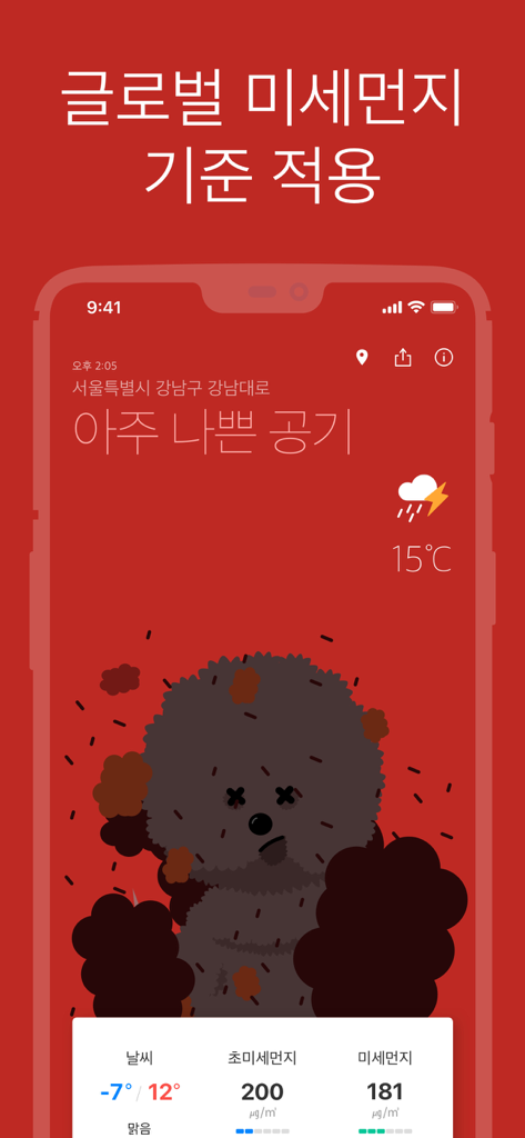 Mise-meong app screen showing very bad air quality with a sad Bichon Frise mascot on a red background