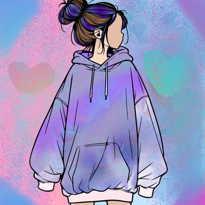 realistic girl with a oversized sweatshirt on and a bun