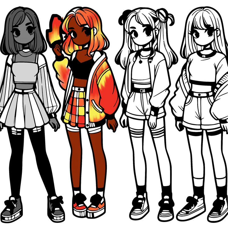 one girl with crop-top shirt and a jacket with a skirt, long socks and another girl with a shirt and pants with a jacket