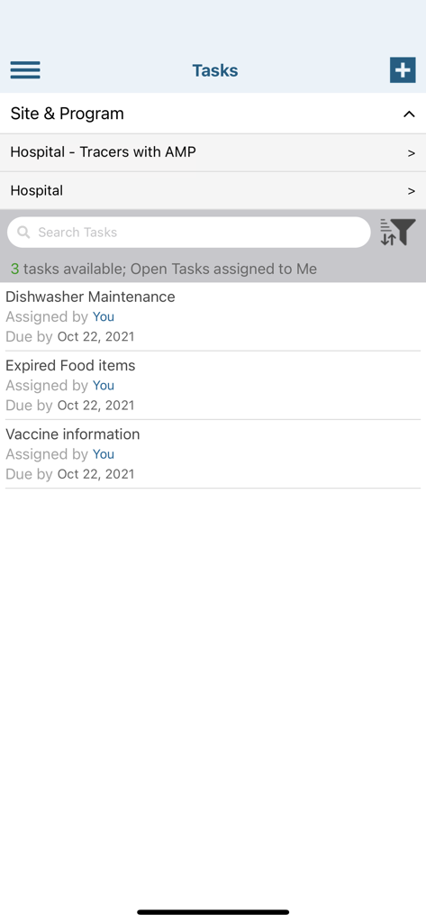 JCI AMP - Screenshot of the JCI AMP app Tasks interface showing a list of assigned healthcare compliance activities and due dates.