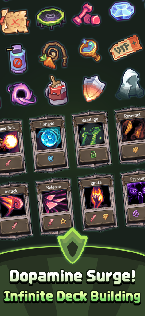 Spin Break: Roulette Battle - A collection of pixel art cards and relics from the game Spin Break Roulette Battle featuring the text Dopamine Surge Infinite Deck Building