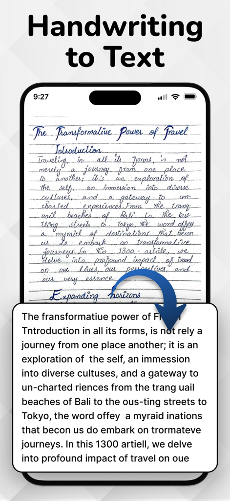 A smartphone displaying a handwritten journal entry being converted into digital text through an OCR app